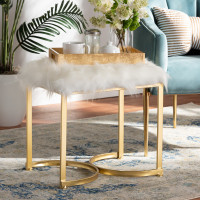 Baxton Studio JY20A255-White/Gold-Otto Gwyn Glam and Luxe White Faux Fur Upholstered and Gold Finished Metal Ottoman